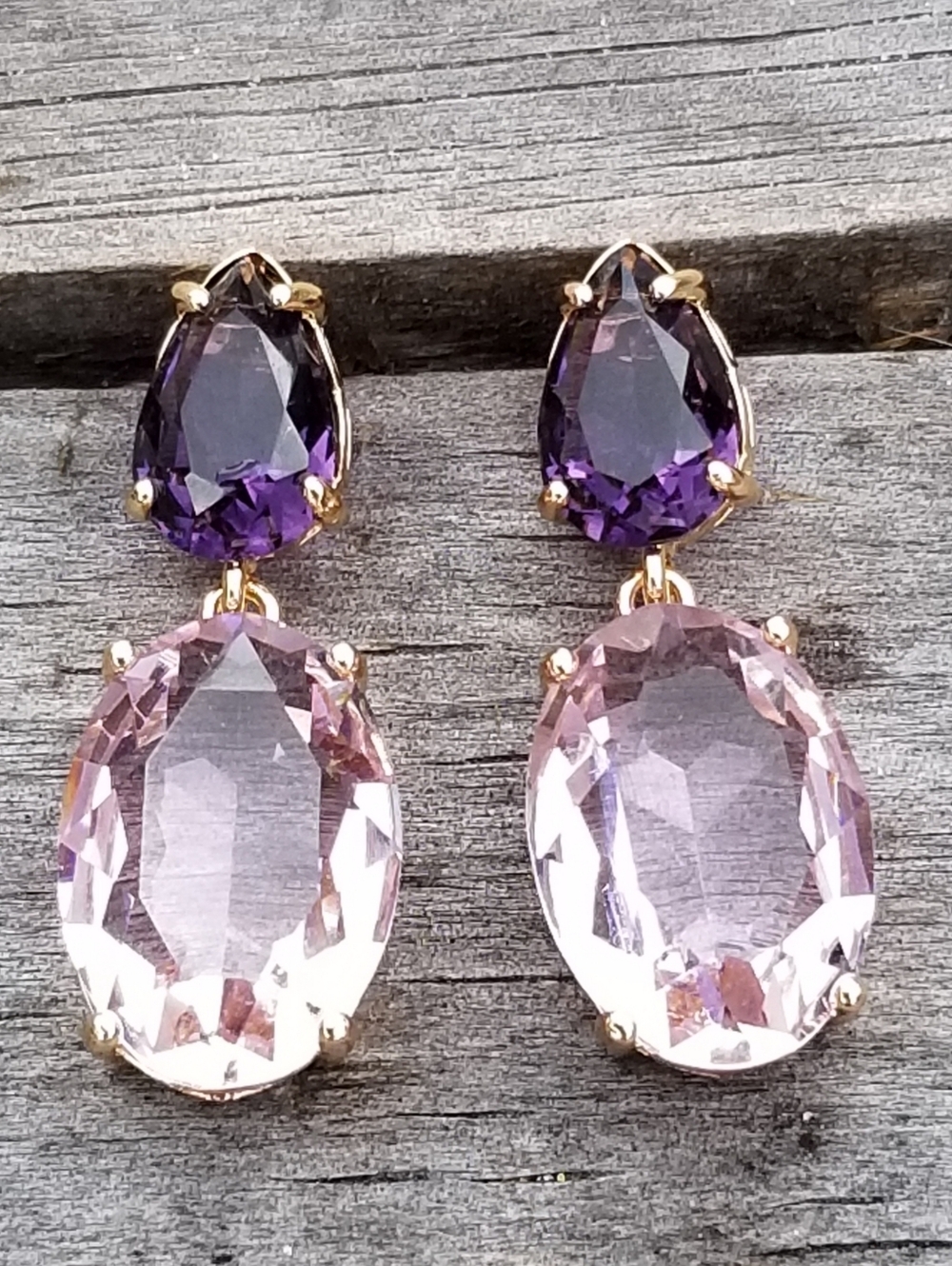 14k Gold Pink Tourmaline & Amethyst Double Drop Stud Earrings